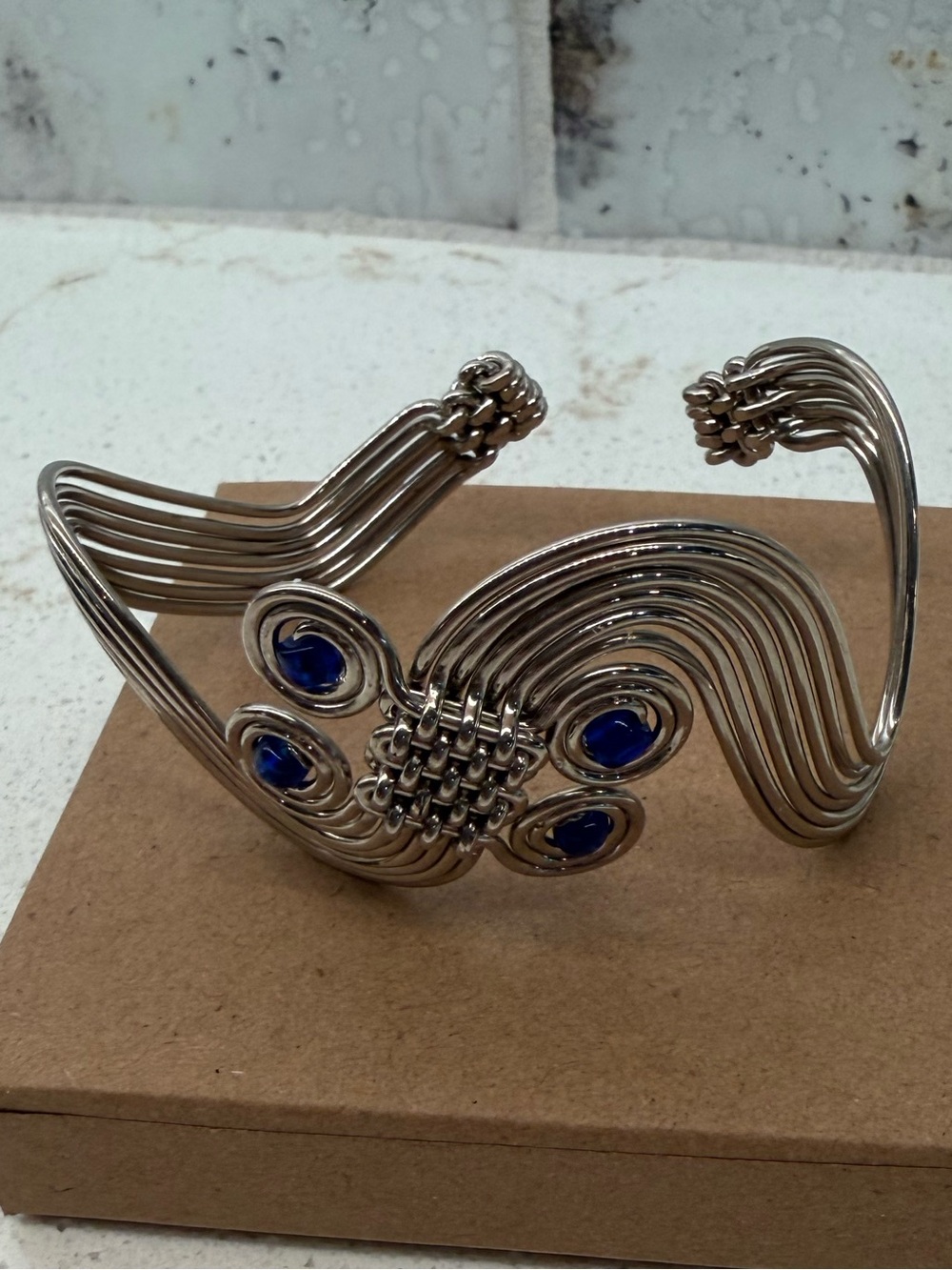 Artisan Silver Tone Wire Wrap Cuff Bracelet with Blue Stones